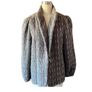 Vintage DK GOLD Rainbow Striped Knit Grey Puffy Shoulder Anoka Jacket Size 12